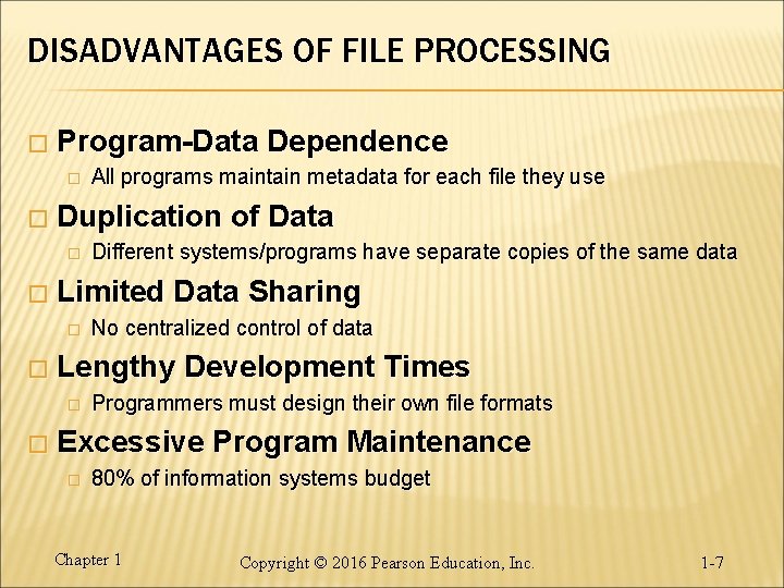 DISADVANTAGES OF FILE PROCESSING � Program-Data Dependence � � Duplication of Data � � DISADVANTAGES OF FILE PROCESSING � Program-Data Dependence � � Duplication of Data � �