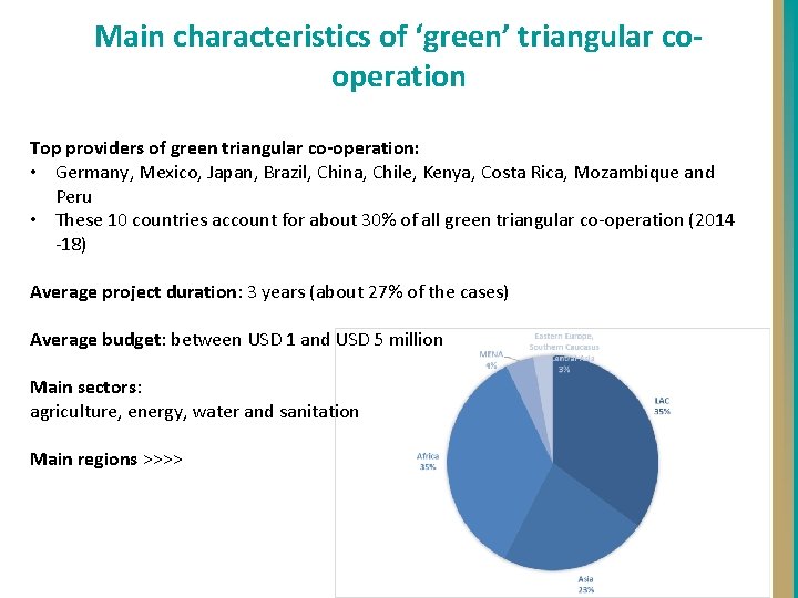 Main characteristics of ‘green’ triangular cooperation Top providers of green triangular co-operation: • Germany,