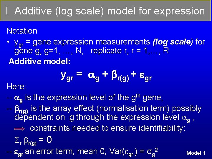 I Additive (log scale) model for expression Notation • ygr = gene expression measurements I Additive (log scale) model for expression Notation • ygr = gene expression measurements