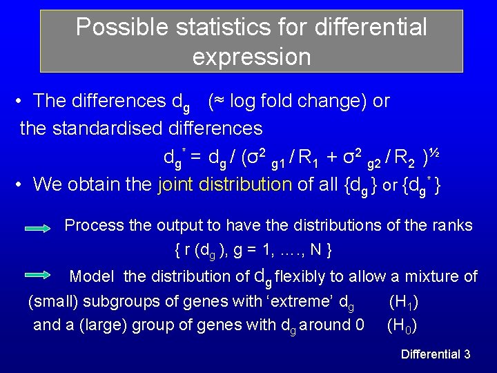 Possible statistics for differential expression • The differences dg (≈ log fold change) or Possible statistics for differential expression • The differences dg (≈ log fold change) or
