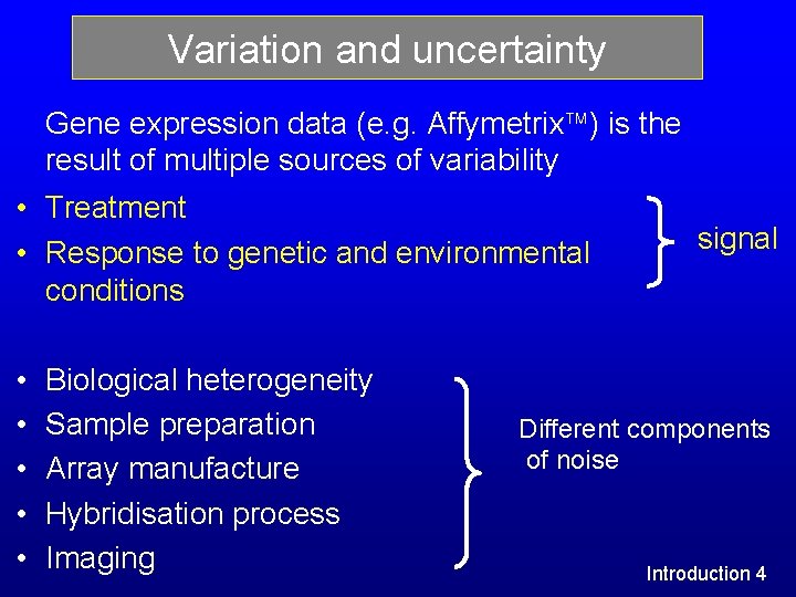 Variation and uncertainty Gene expression data (e. g. Affymetrix ) is the result of Variation and uncertainty Gene expression data (e. g. Affymetrix ) is the result of