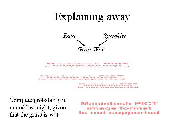 Explaining away Rain Sprinkler Grass Wet Compute probability it rained last night, given that