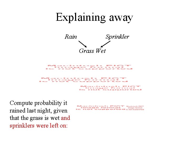 Explaining away Rain Sprinkler Grass Wet Compute probability it rained last night, given that