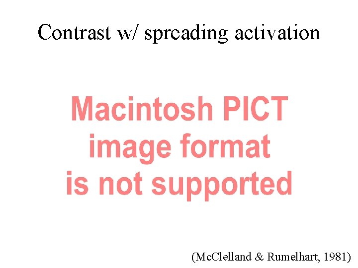 Contrast w/ spreading activation (Mc. Clelland & Rumelhart, 1981) 