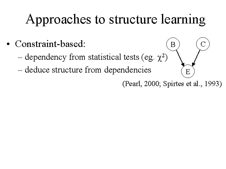 Approaches to structure learning • Constraint-based: C B – dependency from statistical tests (eg.