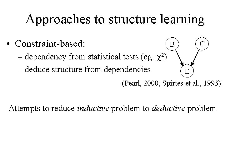 Approaches to structure learning • Constraint-based: C B – dependency from statistical tests (eg.