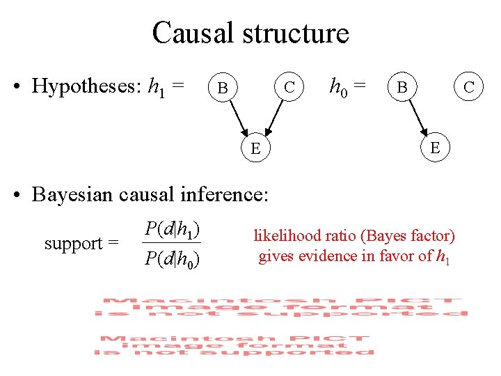 Causal structure • Hypotheses: h 1 = C B E h 0 = C