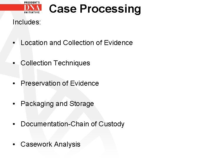 Case Processing Includes: • Location and Collection of Evidence • Collection Techniques • Preservation
