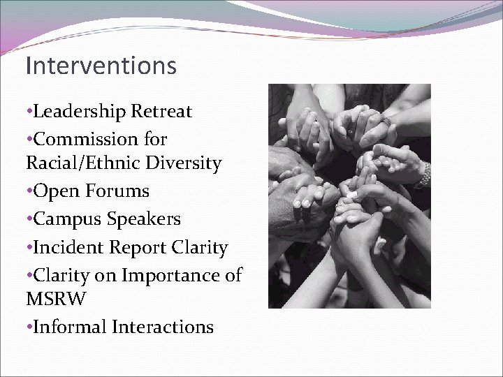 Interventions • Leadership Retreat • Commission for Racial/Ethnic Diversity • Open Forums • Campus