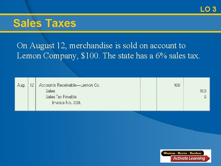 LO 3 Sales Taxes On August 12, merchandise is sold on account to Lemon