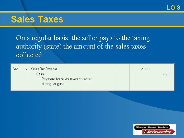 LO 3 Sales Taxes On a regular basis, the seller pays to the taxing