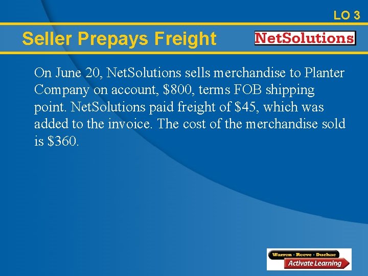 LO 3 Seller Prepays Freight On June 20, Net. Solutions sells merchandise to Planter