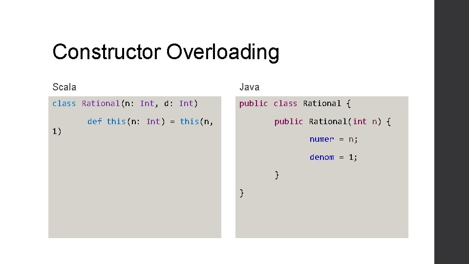 Constructor Overloading Scala Java class Rational(n: Int, d: Int) public class Rational { 1)