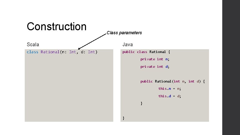 Construction Class parameters Scala Java class Rational(n: Int, d: Int) public class Rational {