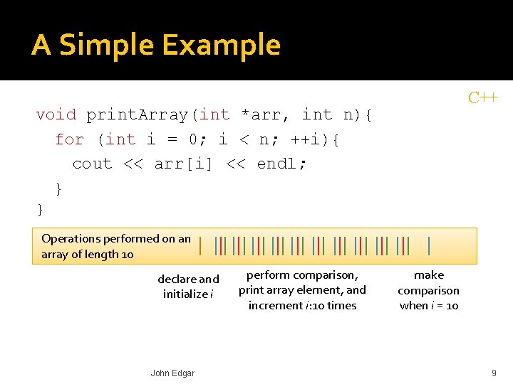 A Simple Example C++ void print. Array(int *arr, int n){ for (int i =