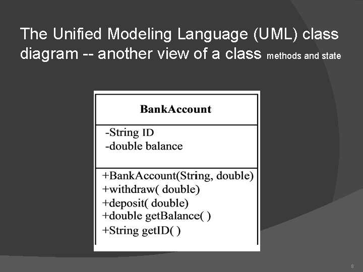 The Unified Modeling Language (UML) class diagram -- another view of a class methods The Unified Modeling Language (UML) class diagram -- another view of a class methods