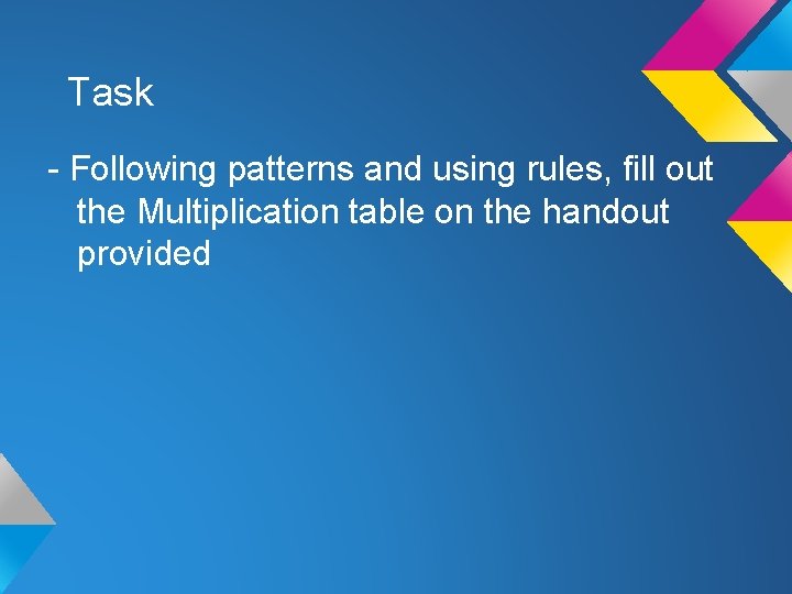 Task - Following patterns and using rules, fill out the Multiplication table on the