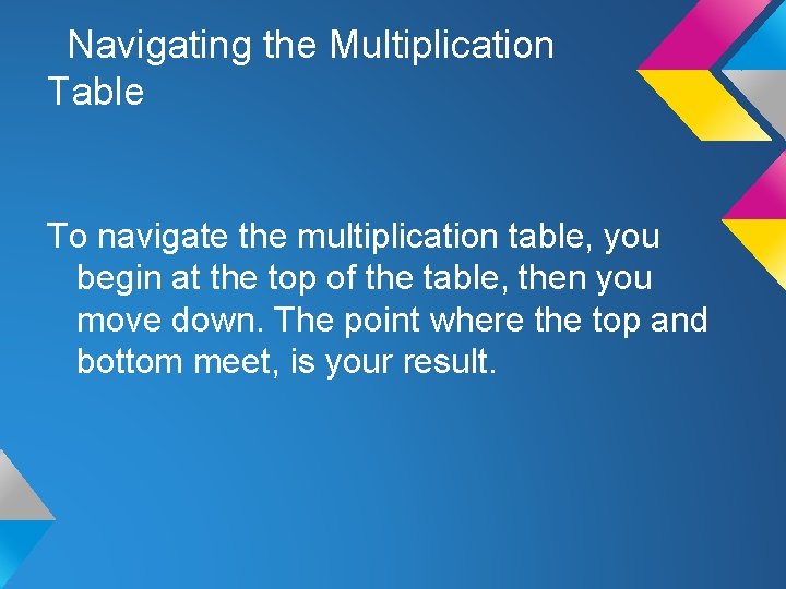 Navigating the Multiplication Table To navigate the multiplication table, you begin at the top