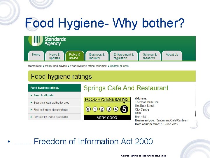 Food Hygiene- Why bother? • ……. Freedom of Information Act 2000 Source: www. scoresonthedoors.