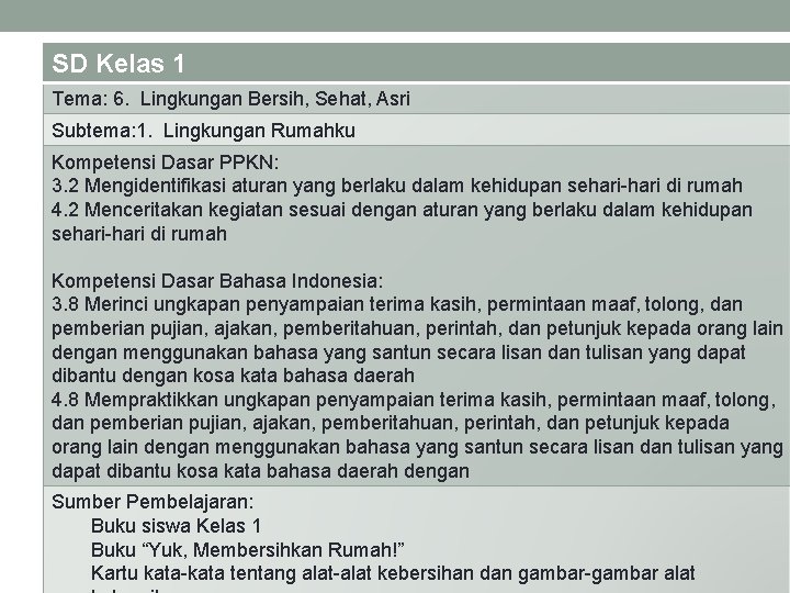 SD Kelas 1 Tema: 6. Lingkungan Bersih, Sehat, Asri Subtema: 1. Lingkungan Rumahku Kompetensi