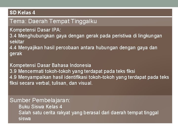 SD Kelas 4 Tema: Daerah Tempat Tinggalku Kompetensi Dasar IPA: 3. 4 Menghubungkan gaya