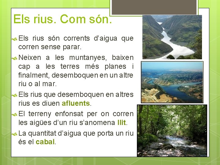 Els rius. Com són. Els rius són corrents d’aigua que corren sense parar. Neixen