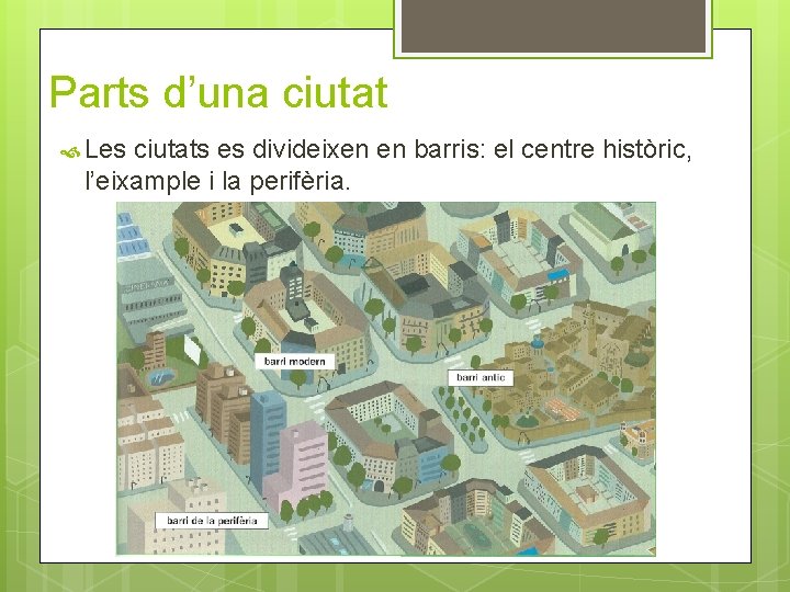 Parts d’una ciutat Les ciutats es divideixen en barris: el centre històric, l’eixample i