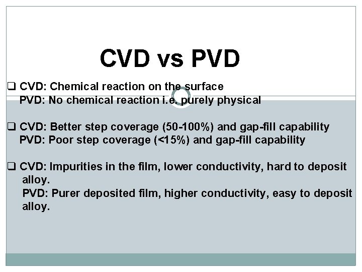 CVD vs PVD q CVD: Chemical reaction on the surface PVD: No chemical reaction CVD vs PVD q CVD: Chemical reaction on the surface PVD: No chemical reaction