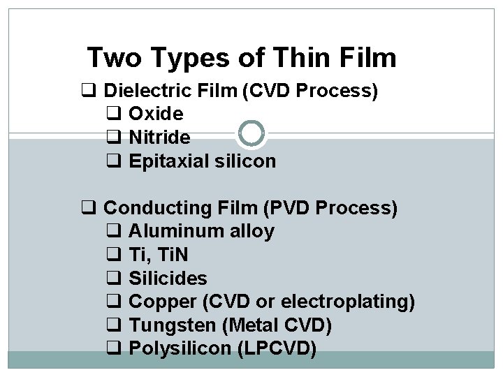 Two Types of Thin Film q Dielectric Film (CVD Process) q Oxide q Nitride Two Types of Thin Film q Dielectric Film (CVD Process) q Oxide q Nitride