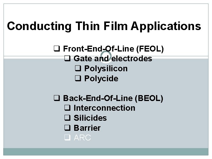 Conducting Thin Film Applications q Front-End-Of-Line (FEOL) q Gate and electrodes q Polysilicon q Conducting Thin Film Applications q Front-End-Of-Line (FEOL) q Gate and electrodes q Polysilicon q
