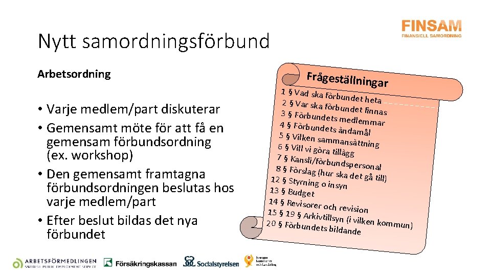 Nytt samordningsförbund Arbetsordning • Varje medlem/part diskuterar • Gemensamt möte för att få en