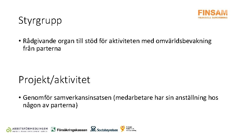 Styrgrupp • Rådgivande organ till stöd för aktiviteten med omvärldsbevakning från parterna Projekt/aktivitet •