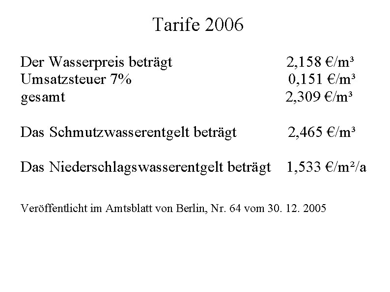 Tarife 2006 Der Wasserpreis beträgt Umsatzsteuer 7% gesamt 2, 158 €/m³ 0, 151 €/m³