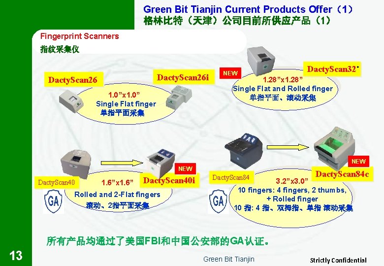 Green Bit Tianjin Current Products Offer（1） 格林比特（天津）公司目前所供应产品（1） Fingerprint Scanners 指纹采集仪 Dacty. Scan 26 i