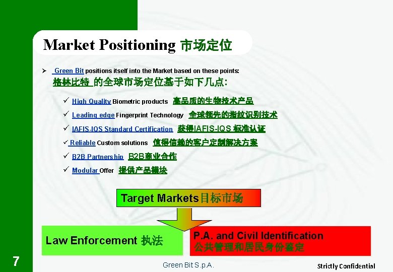 Market Positioning 市场定位 Ø Green Bit positions itself into the Market based on these