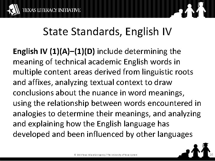State Standards, English IV (1)(A)–(1)(D) include determining the meaning of technical academic English words