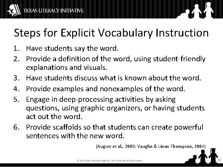 Steps for Explicit Vocabulary Instruction 1. Have students say the word. 2. Provide a