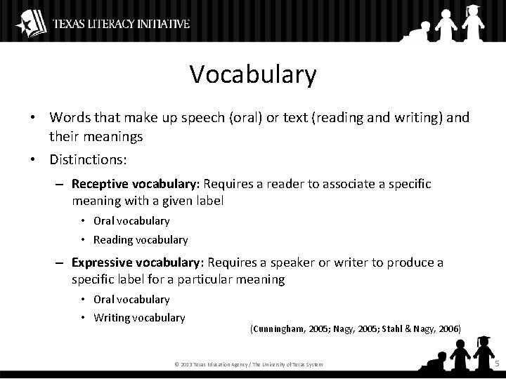 Vocabulary • Words that make up speech (oral) or text (reading and writing) and