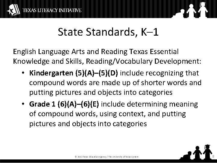 State Standards, K– 1 English Language Arts and Reading Texas Essential Knowledge and Skills,