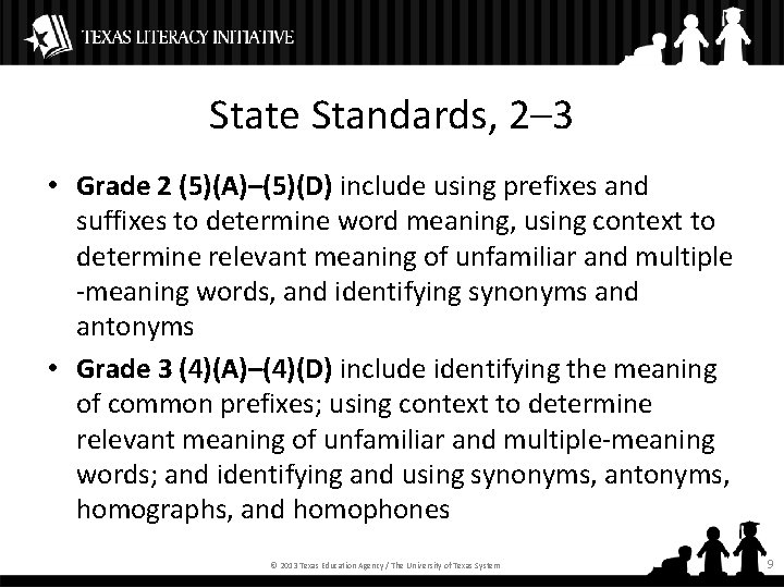 State Standards, 2– 3 • Grade 2 (5)(A)–(5)(D) include using prefixes and suffixes to