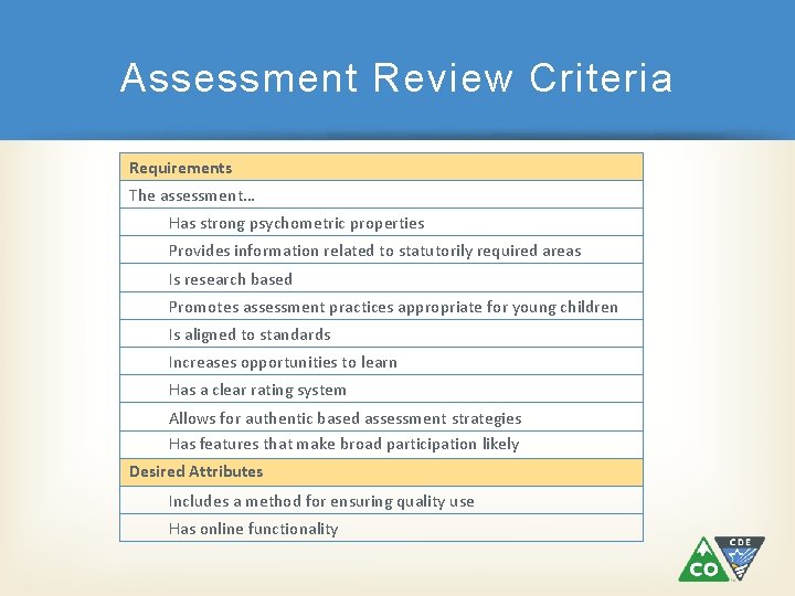 Assessment Review Criteria Requirements The assessment… Has strong psychometric properties Provides information related to