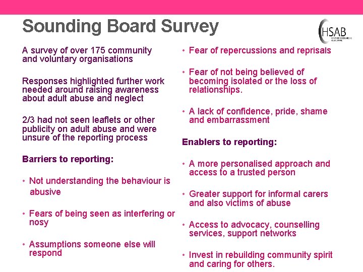 Sounding Board Survey A survey of over 175 community and voluntary organisations Responses highlighted