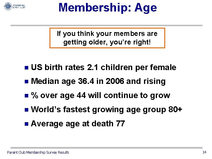 Membership: Age If you think your members are getting older, you’re right! n US