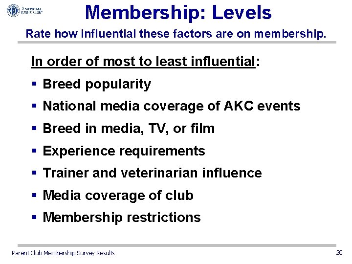 Membership: Levels Rate how influential these factors are on membership. In order of most