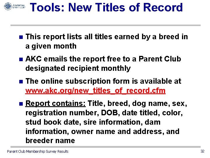 Tools: New Titles of Record n This report lists all titles earned by a