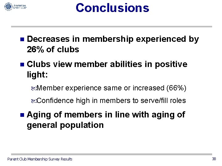 Conclusions n Decreases in membership experienced by 26% of clubs n Clubs view member