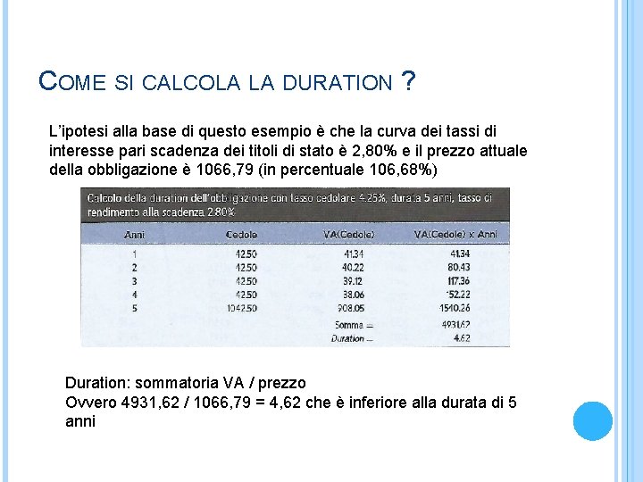 COME SI CALCOLA LA DURATION ? L’ipotesi alla base di questo esempio è che