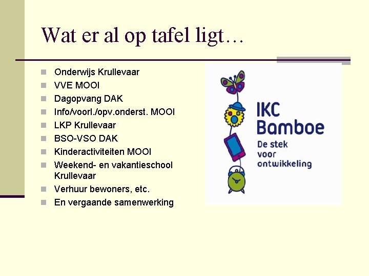 Wat er al op tafel ligt… n Onderwijs Krullevaar n VVE MOOI n Dagopvang