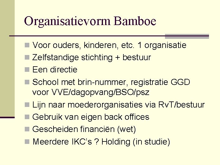 Organisatievorm Bamboe n Voor ouders, kinderen, etc. 1 organisatie n Zelfstandige stichting + bestuur