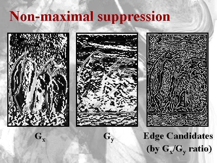 Non-maximal suppression Gx Gy Edge Candidates (by Gx/Gy ratio) 